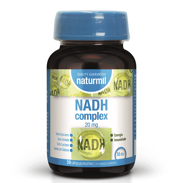 NADH 20 mg Complex naturmil 30 cápsulas vegetais Sem Açúcares. Sem Amido. Sem Lactose. Isento de Glúten. Energia Imunidade 30 dias