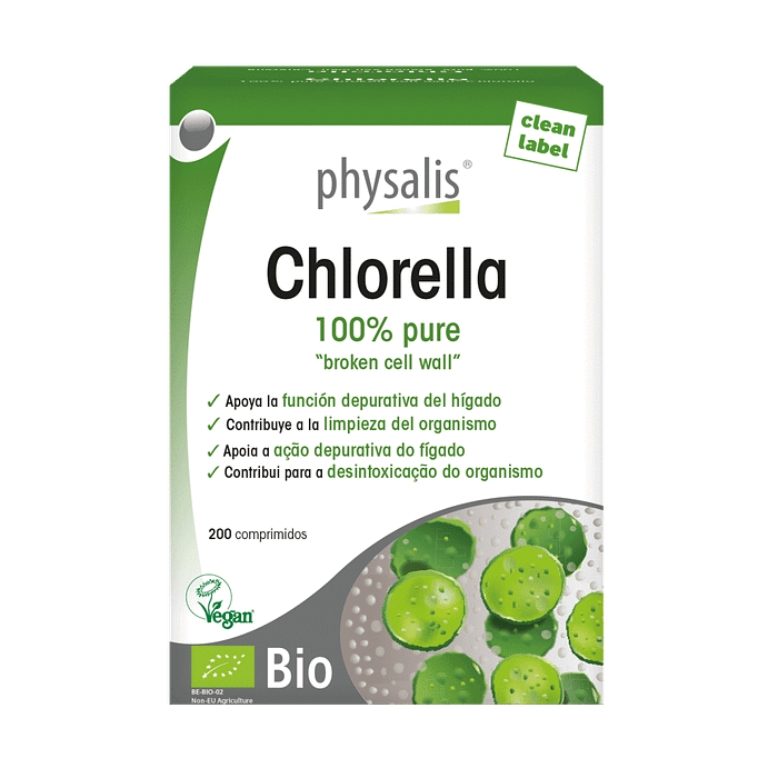 Chlorella, suplemento alimentar com ingredientes biológicos, vegan