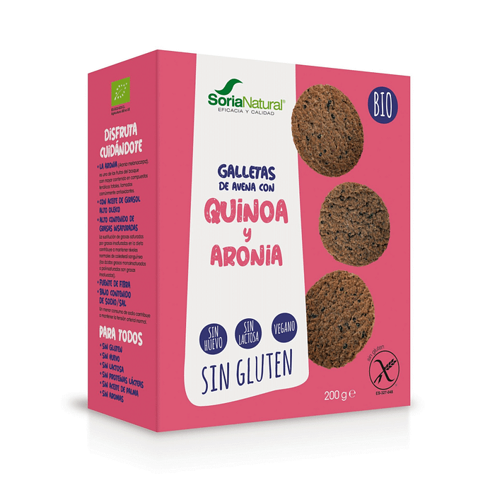 Bolachas de Aveia com Quinoa e Arónia, com ingredientes biológicos, sem glúten, sem lactose e adequado a vegans