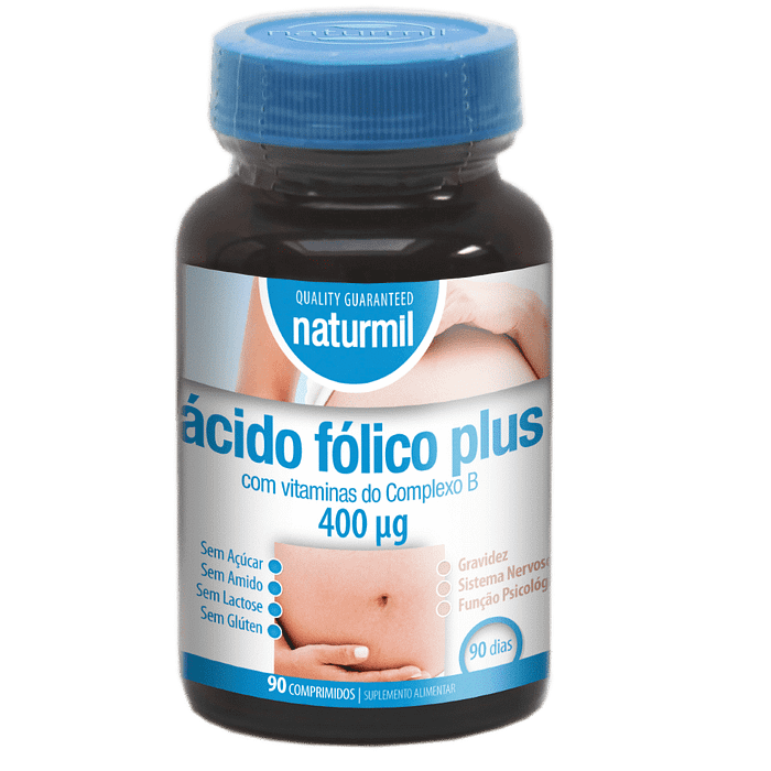 Ácido Fólico Plus, suplemento alimentar sem açúcar, sem amido, sem glúten, sem lactose, vegan