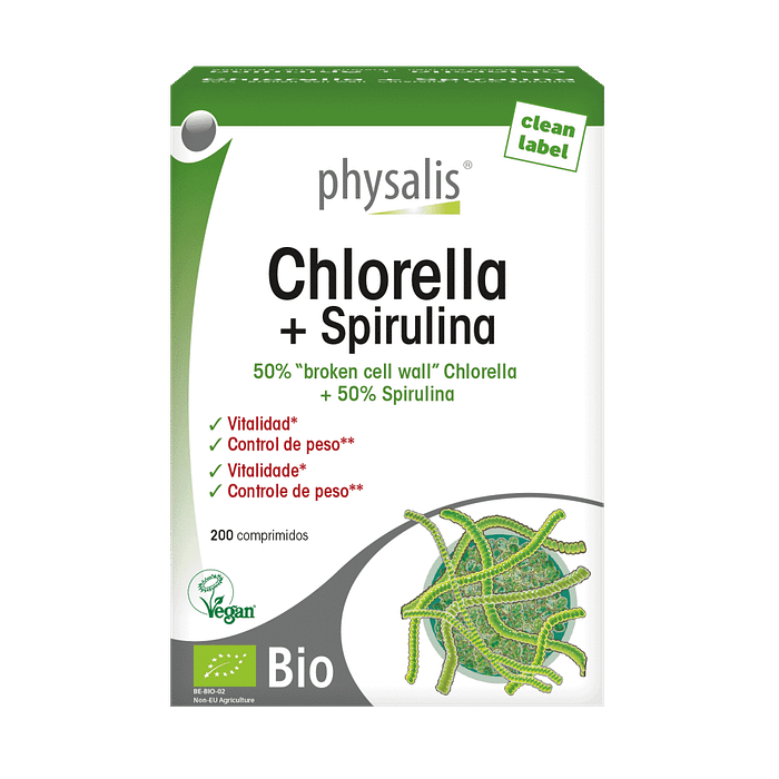 Chorella + Spirulina, suplemento alimentar com ingredientes biológicos, vegan
