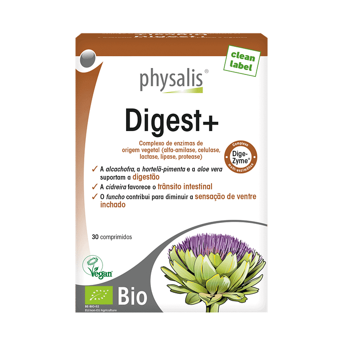 Digest +, suplemento alimentar com ingredientes biológicos, vegan