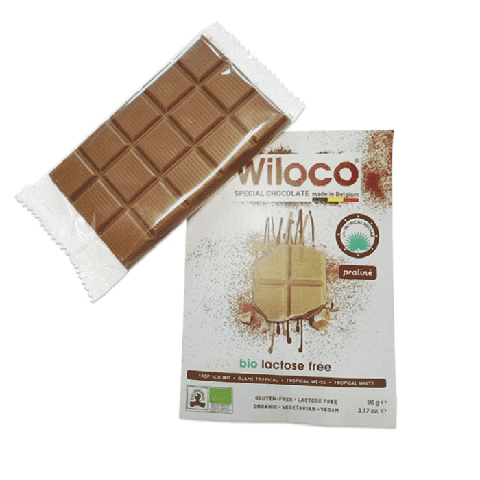 Tablete de Chocolate Branco com Praliné Bio, sem glúten, sem lactose, vegan, vegetariano