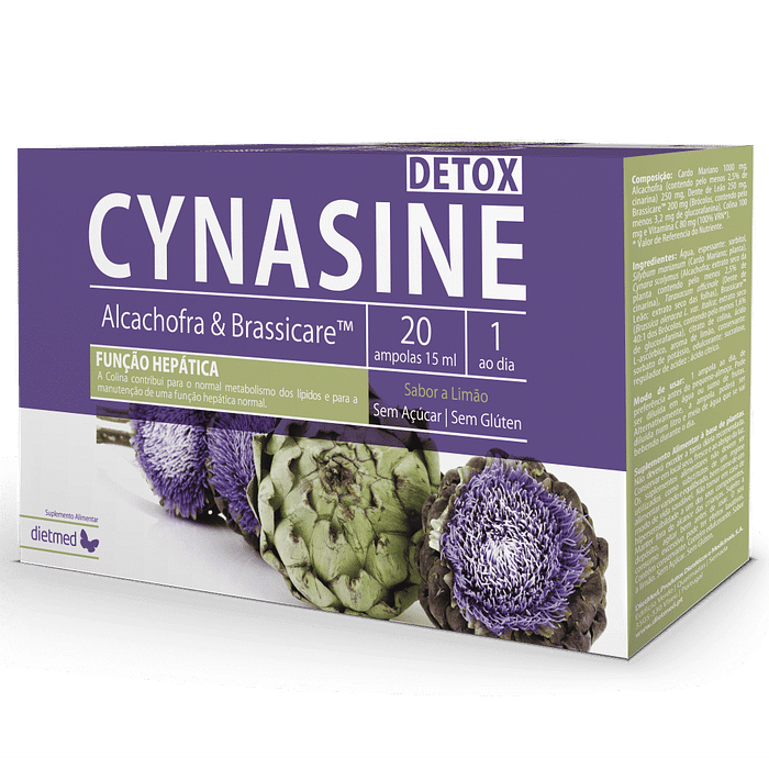 Cynasine Detox Ampolas, sem açúcar, sem álcool, sem glúten, sem lactose