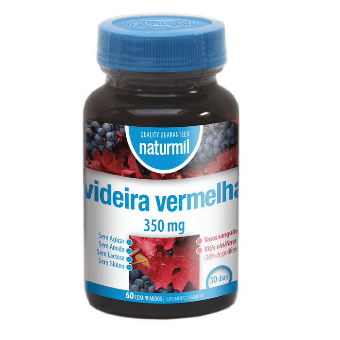 Videira Vermelha 350mg, suplemento alimentar sem açúcar, sem amido, sem glúten, sem lactose, vegan
