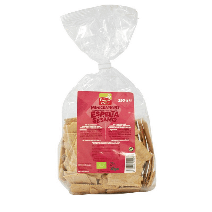 MiniCrackers de Espelta e Sésamo com ingredientes de origem biológica e adequado a vegans