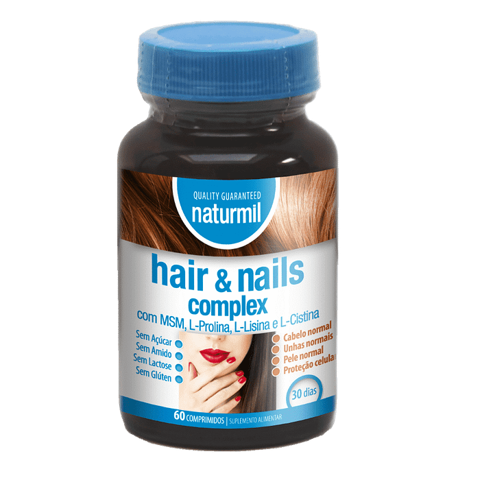 Hair and Nails Complex, suplemento alimentar sem açúcar, sem amido, sem glúten, sem lactose