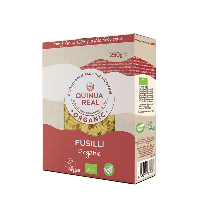 Fusilli de Arroz e Quinoa Real para vegans, com ingredientes biológicos e sem glúten