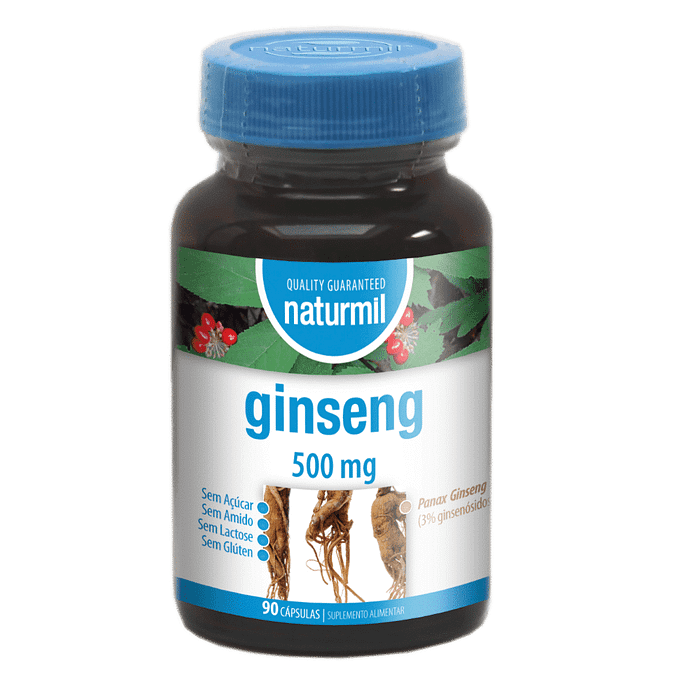 Ginseng 500mg, suplemento alimentar sem açúcar, sem amido, sem glúten, sem lactose