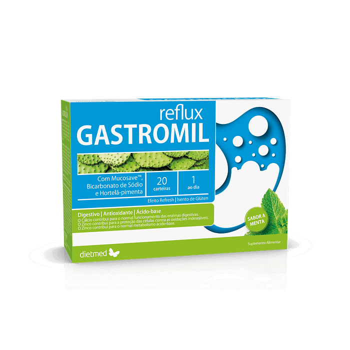 Gastromil Reflux, suplemento alimentar sem álcool, sem glúten, sem soja