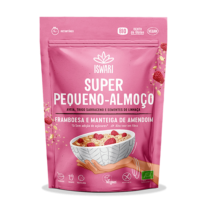 Super Pequeno Almoço Framboesa e Manteiga de Amendoim, com ingredientes biológicos, sem glúten, adequado a vegan