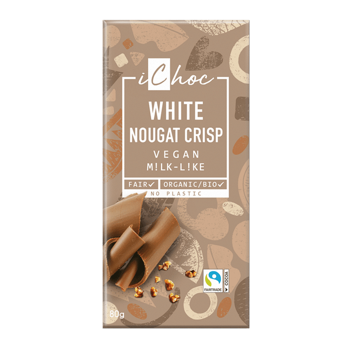 Chocolate Branco Nougat Crisp, com ingredientes biológicos, adequado para vegans