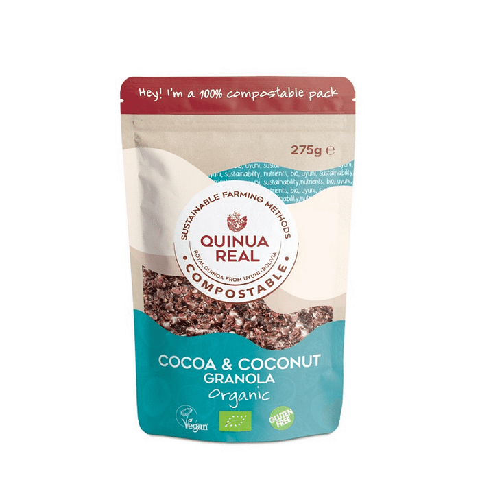 Granola de Quinoa Real Cacau e Coco sem glúten, com ingredientes biológicos adequado a vegans