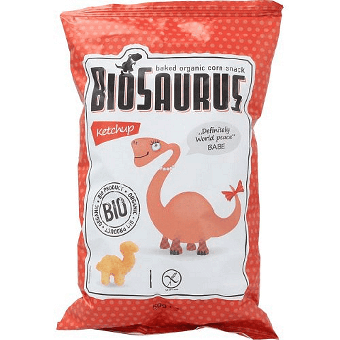 Snack de Milho Ketchup Biosauros, com ingredientes biológicos, sem glúten