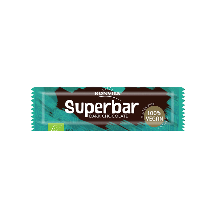 Barra de Chocolate Negro Superbar, com ingredientes biológicos, sem glúten e adequado a vegans