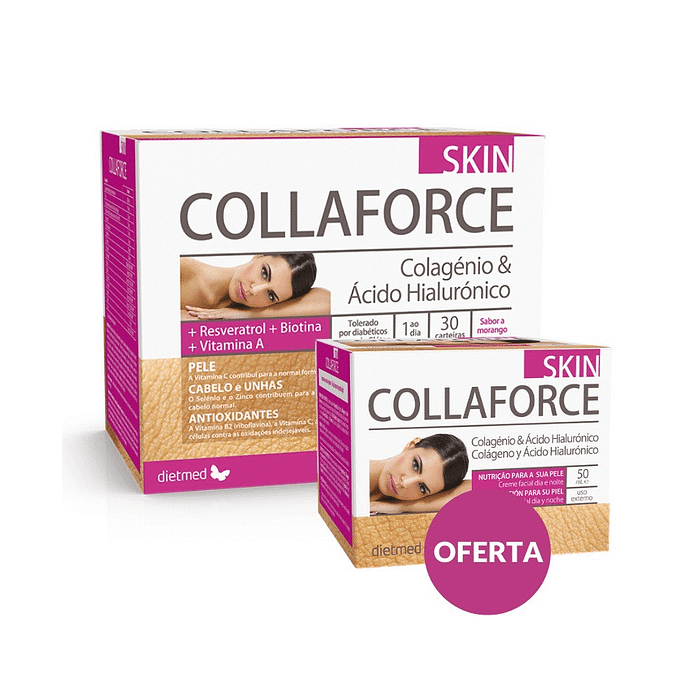 Collaforce Skin Carteiras + Collaforce Skin Facial oferta, suplemento sem glúten e creme para dia e noite