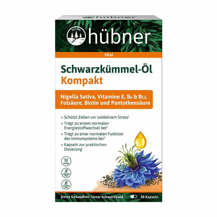 Schwarzkummel-Ol Kompakt, suplemento alimentar sem lactose, sem glúten, vegan