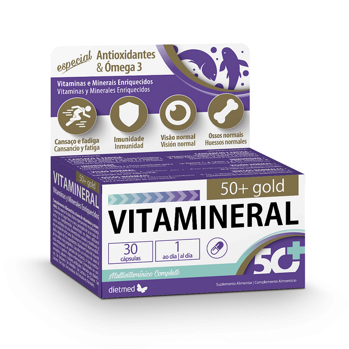 Vitamineral 50+Gold, suplemento alimentar sem açúcar, sem glúten, sem lactose, sem soja