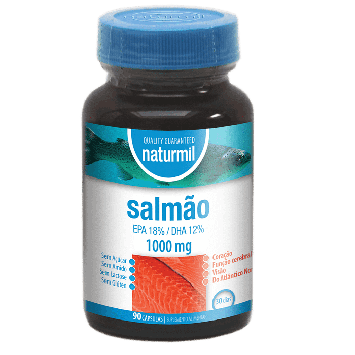Salmão, suplemento alimentar sem açúcar, sem amido, sem glúten, sem lactose