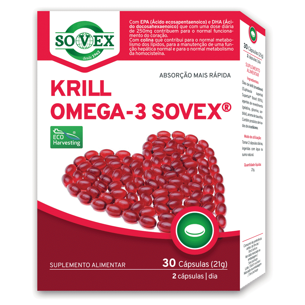 KRILL-OMEGA3-suplemento-SOVEX Krill Omega-3 Sovex, suplemento alimentar sem glúten, sem lactose