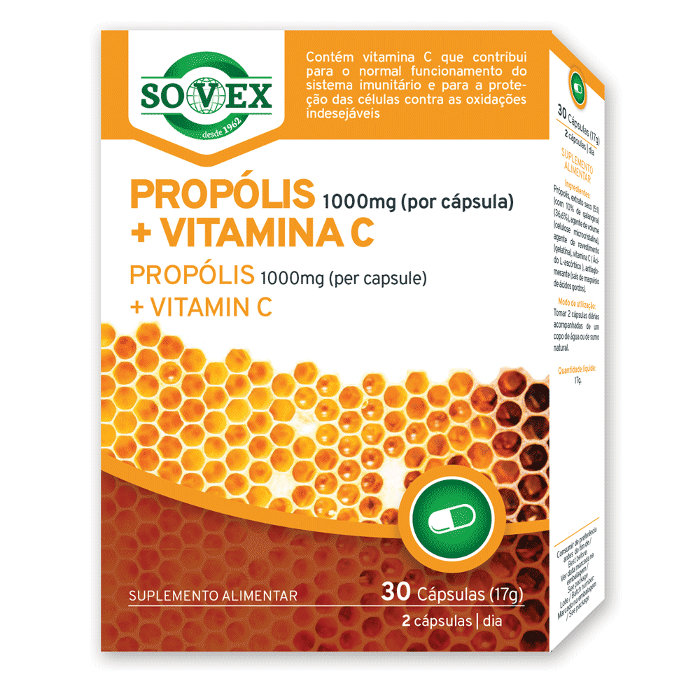 Propolis-vitamina-C_Suplemento-Sovex Propólis 1000 mg + Vitamina C, suplemento alimentar sem glúten, sem lactose