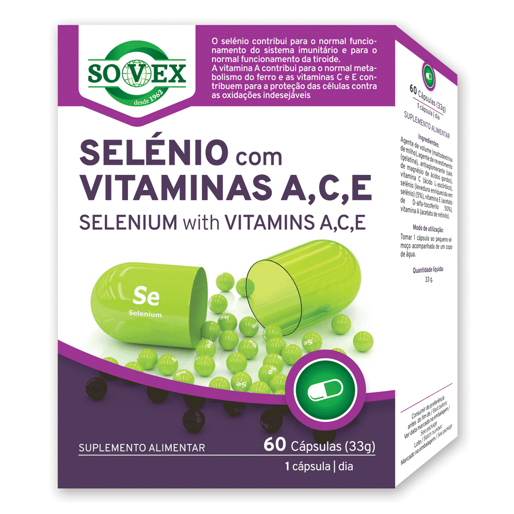 SELENIO-ACE-Suplemento-Sovex Selénio com Vitaminas A, C & E, suplemento alimentar sem glúten, sem lactose