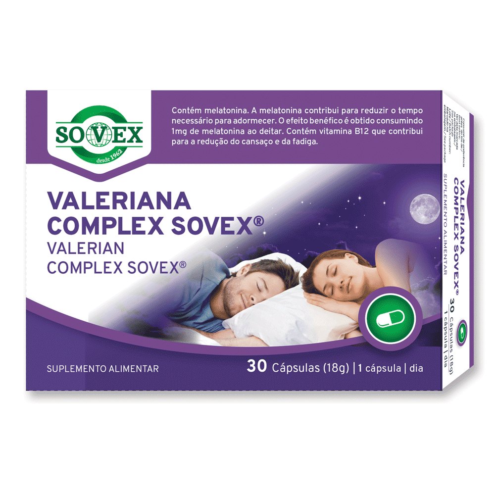 VALERIANA-COMPLEX-SOVEX-Suplemento-Sovex Valeriana Complex Sovex, suplemento alimentar sem glúten, sem lactose