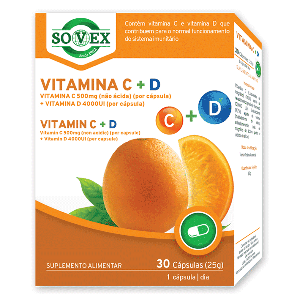 VITAMINA-C+D_Suplemento-Sovex Vitamina C 500 mg + Vitamina D 4000UI, suplemento alimentar sem glúten, sem lactose