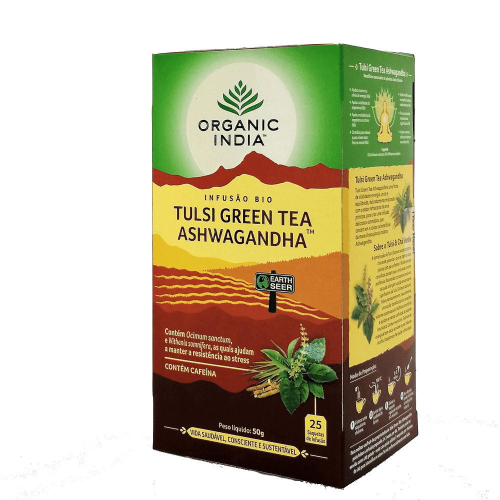 tulsi green tea ashwagandha 25saq organic india Tulsi Green Tea Ashwandha, infusão biológica, sem glúten