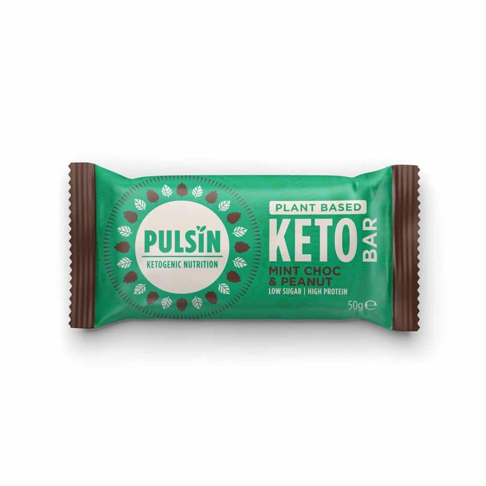 KETO-BAR_MINT-CHOC-PULSIN Keto Bar com Pepitas de Chocolate, Menta e Amendoim, sem glúten, sem lactose, vegan