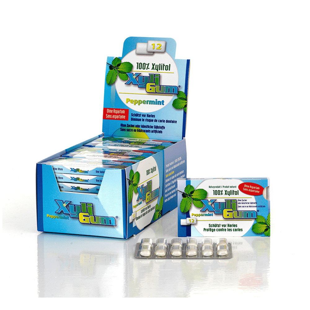 XyliGum-Hortelã-Pimenta-VTALITY Pastilha Elástica Peppermint (Hortelã Pimenta) Xyligum®, sem açúcar