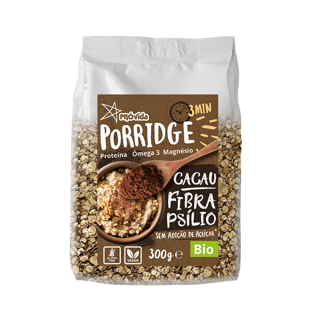 Porridge (Papas Aveia) Cacau & Fibra Psílio S Glúten BIO 300g Porridge (Papas Aveia) Cacau e Fibra Psílio, biológico, sem açúcar, sem glúten, vegan