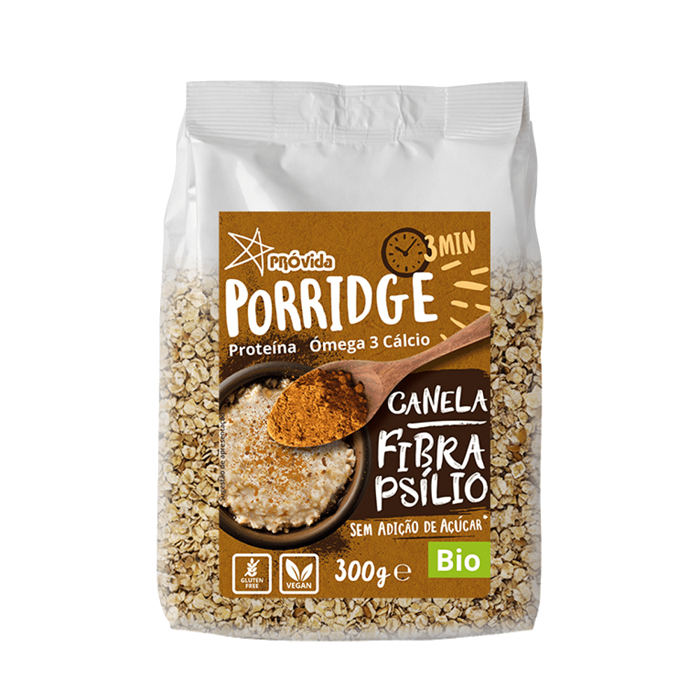Porridge (Papas Aveia) Canela & Fibra Psílio BIO 300g Porridge (Papas Aveia) Canela e Fibra Psílio, biológico, sem açúcar, sem glúten, vegan