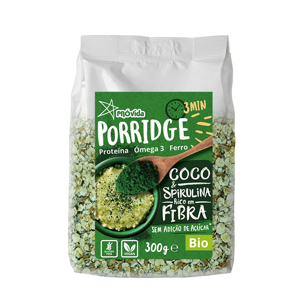 Porridge (Papas Aveia) Coco & Spirulina BIO 300g Porridge (Papas Aveia) Coco e Spirulina, biológico, sem açúcar, sem glúten, vegan