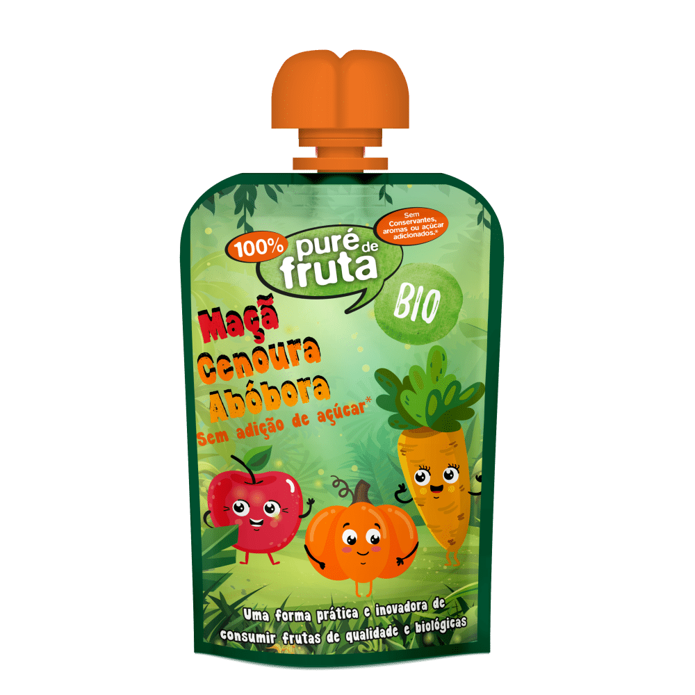 Puré Fruta Doypack Maçã Cenoura Abóboa BIO 100g Puré Fruta Doypack Maçã, Cenoura e Abóbora, biológico, sem açúcar, sem glúten