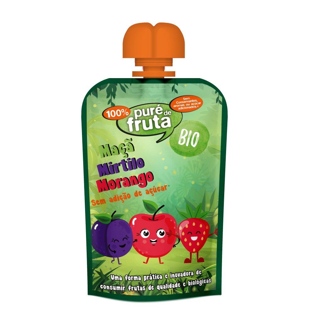 Puré Fruta Doypack Maçã Mirtilo Morango BIO 100g Puré Fruta Doypack Maçã, Mirtilo e Morango, biológico, sem açúcar, sem glúten