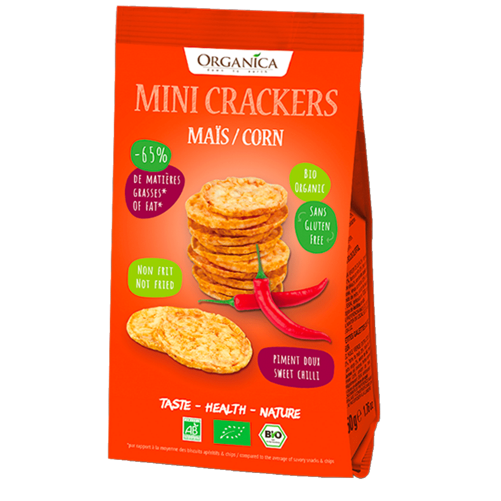Mini Crackers Milho Pimentão Doce Bio 50gr Organica Mini Crackers Milho e Pimentão Doce, ingredientes biológicos