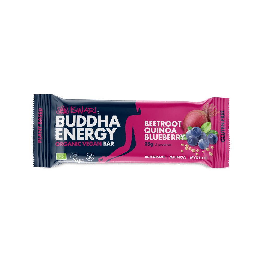 Barra Buddha Energy Beterraba Quinoa 35gr ISWARI Barra Energética Beterraba, Quinoa e Mirtilo, com ingredientes biológicos, sem glúten, vegan