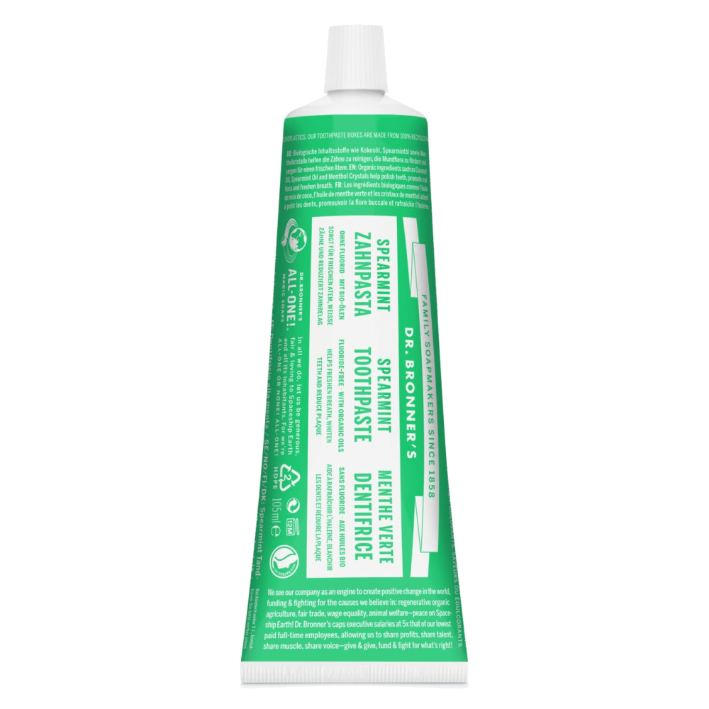 Dentifrico Hortela s fluor 105ml Dr Brooners Dentífrico Hortelã, biológico, vegan