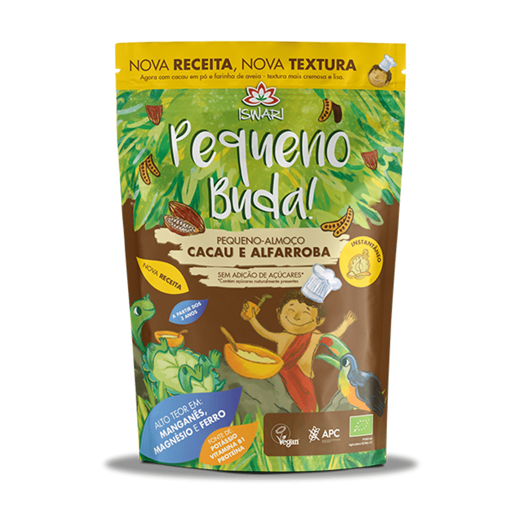 Pequeno Buda - Cacau e Alfarroba SG Bio 400 grs Iswari Pequeno Buda - Cacau e Alfarroba, com ingredientes biológicos, sem glúten, vegan