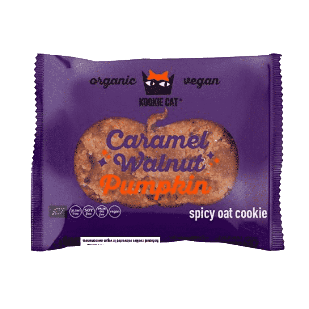 Bolacha com nozes caramelizadas e abóbora 50g Kookie Cat Kookie Caramel Walnut Pumpkin, spicy oat cookie, com ingredientes biológicos, sem glúten, vegan