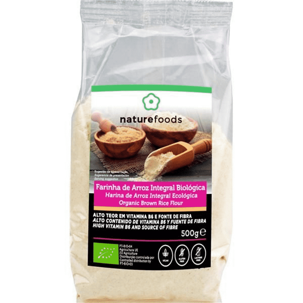Farinha Arroz Integral Bio 500gr Naturfoods Farinha de Arroz Integral, biológico, sem glúten, sem lactose, vegan