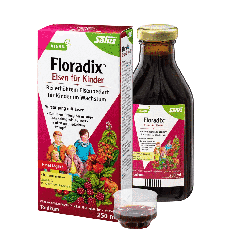 Floradix Kids - Ferro Liquido p crianças 250ml Salus Floradix Kids, suplemento alimentar sem álcool, sem glúten, sem lactose, vegan