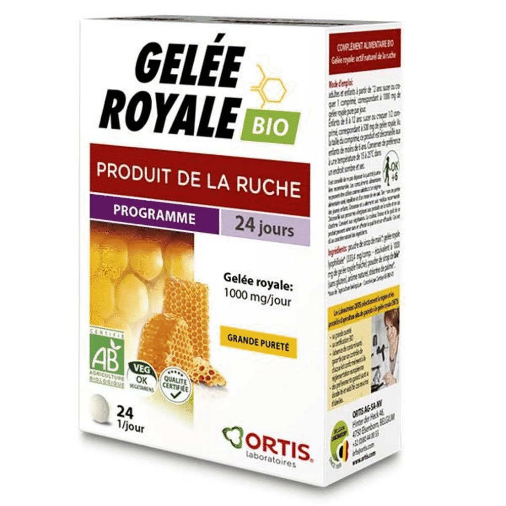 Geleia Real Bio Fortificante 24 Comp Ortis Geleia Real, suplemento alimentar com ingredientes biológicos, vegetariano