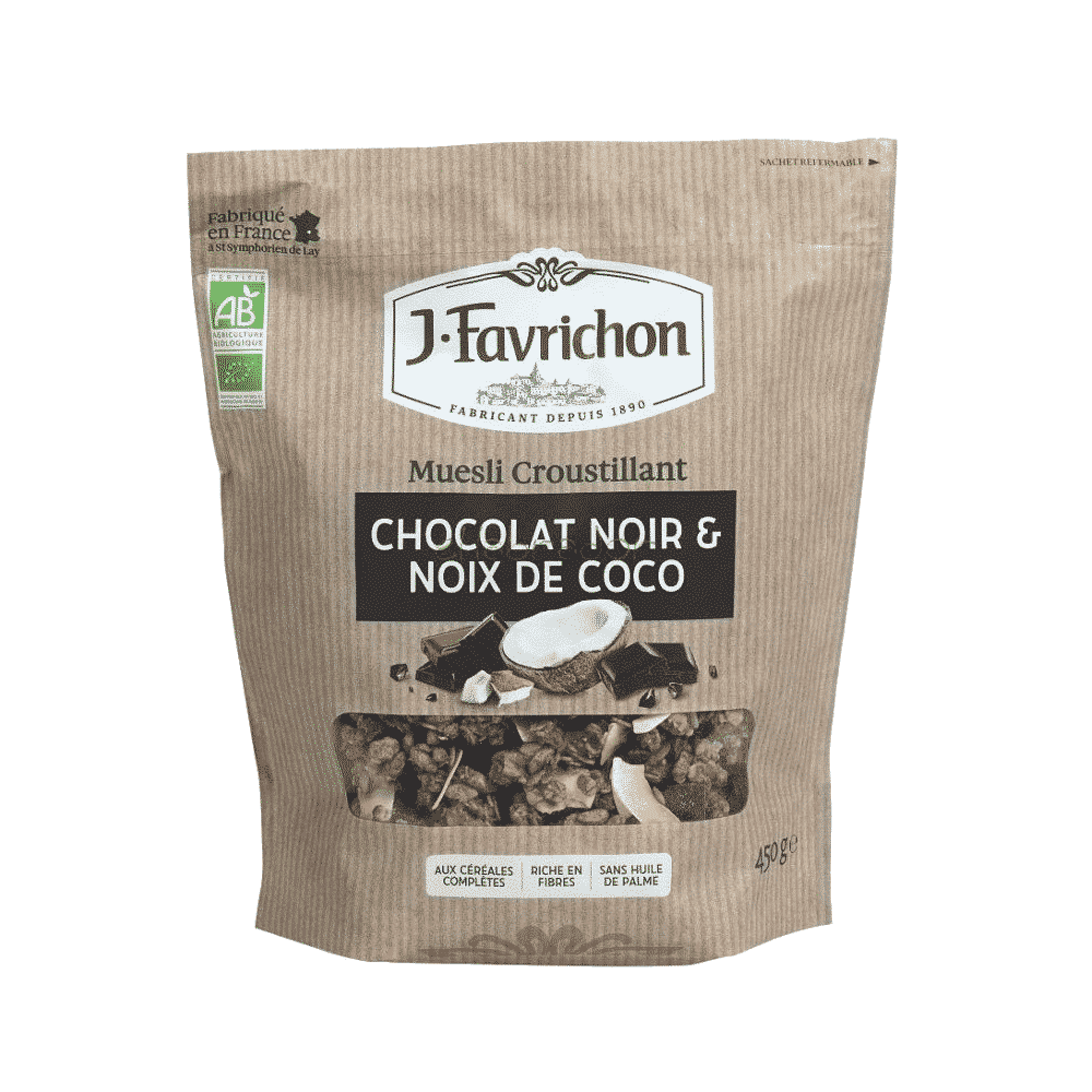 Muesli Crocante Choco Coco Bio 450gr Favrichon Muesli Crocante Chocolate e Coco, com ingredientes biológicos