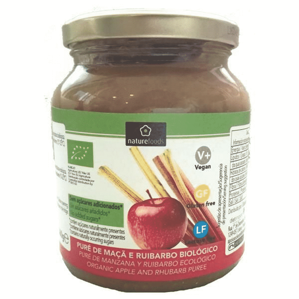 Puré Maça Ruibarbo Bio 360gr Naturfoods Puré de Maçã e Ruibarbo, biológico, sem glúten, sem lactose, vegan
