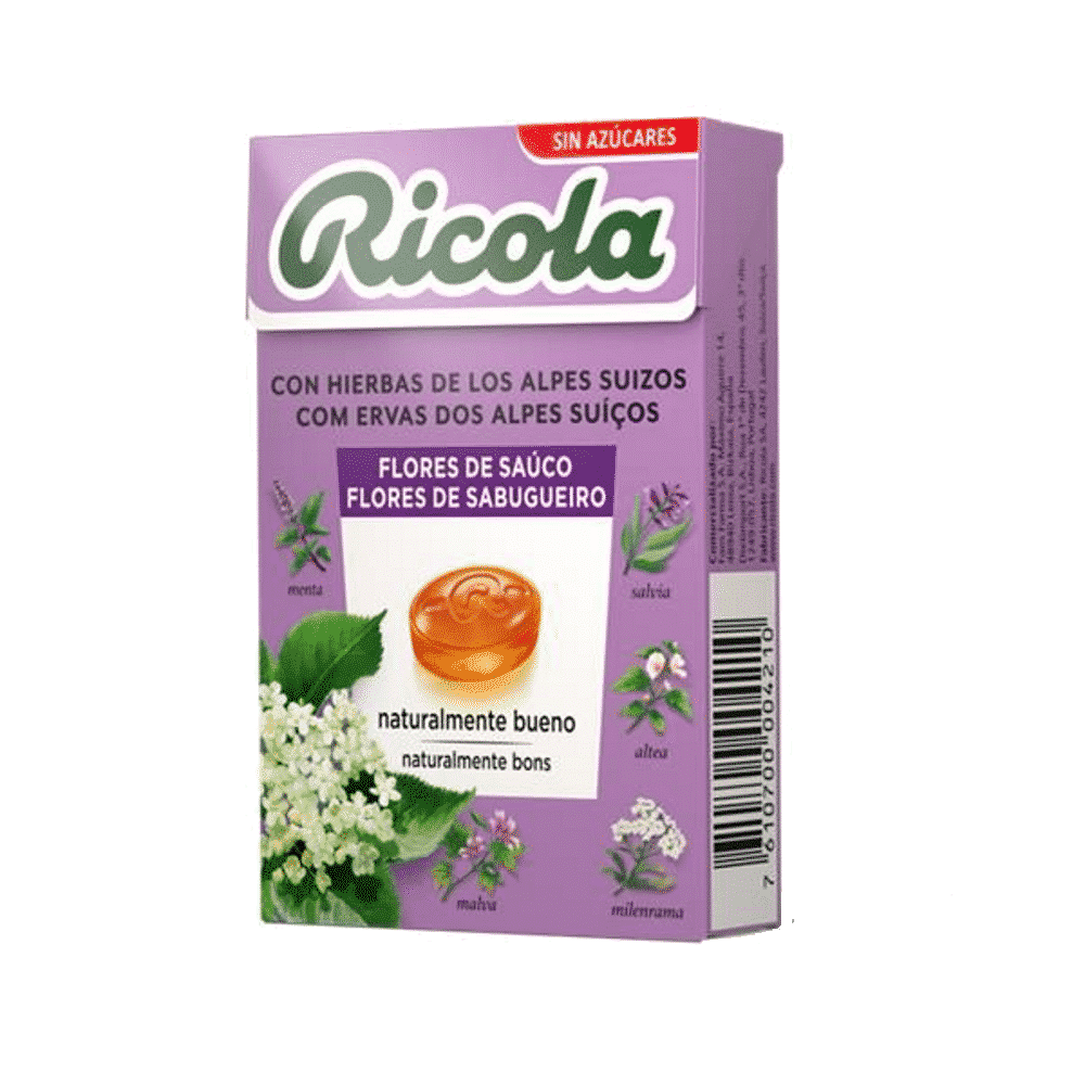 Rebuçados Flor Sabugueiro S Açucar 50gr Ricola Rebuçados Ervas Suíças Flor Sabugueiro, sem açúcar
