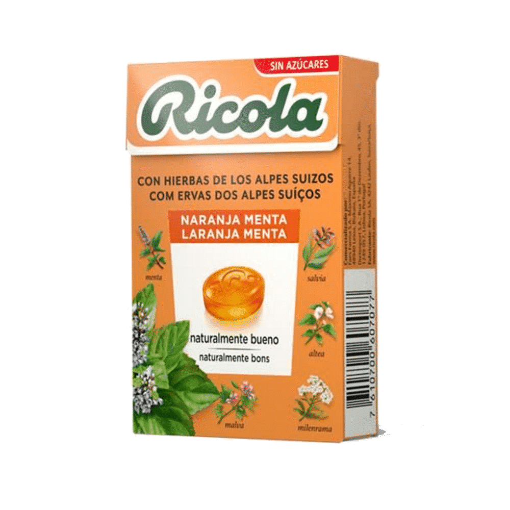 Rebuçados Laranja + Menta S Açucar 50gr Ricola Rebuçados Ervas Suíças Laranja e Menta, sem açúcar