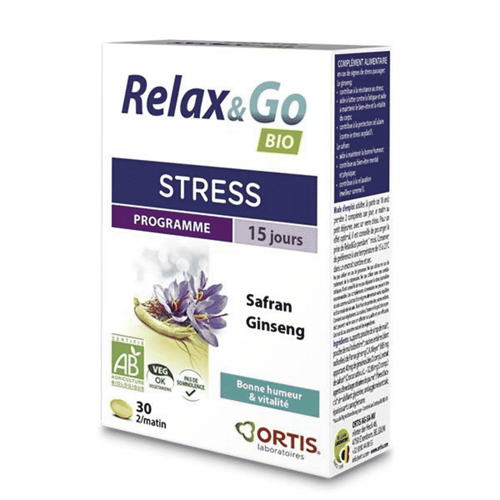Relax & Go Bio 30 Comprimidos Ortis Relax and Go, suplemento alimentar com ingredientes biológicos, vegetariano