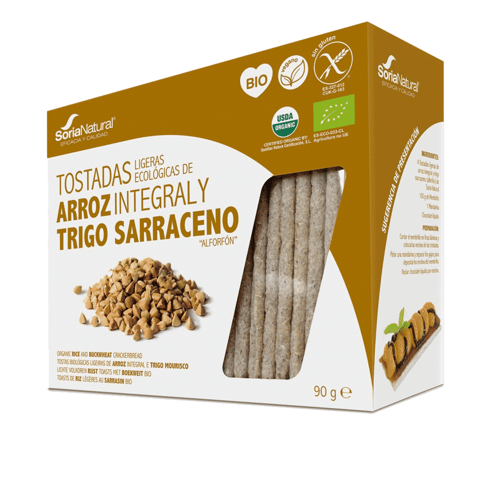 Tostas Arroz Trigo Bio 100gr - Sória Tostas de Arroz Integral e Trigo Sarraceno, com ingredientes biológicos, sem glúten, vegan